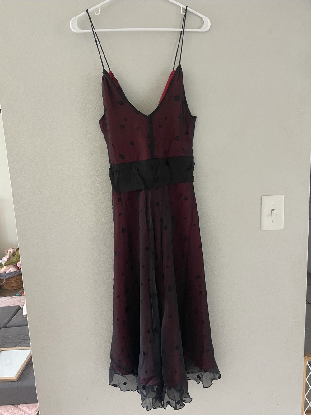 Johnathan Martin Red Silk Polka Dot Midi Dress with Black Overlay